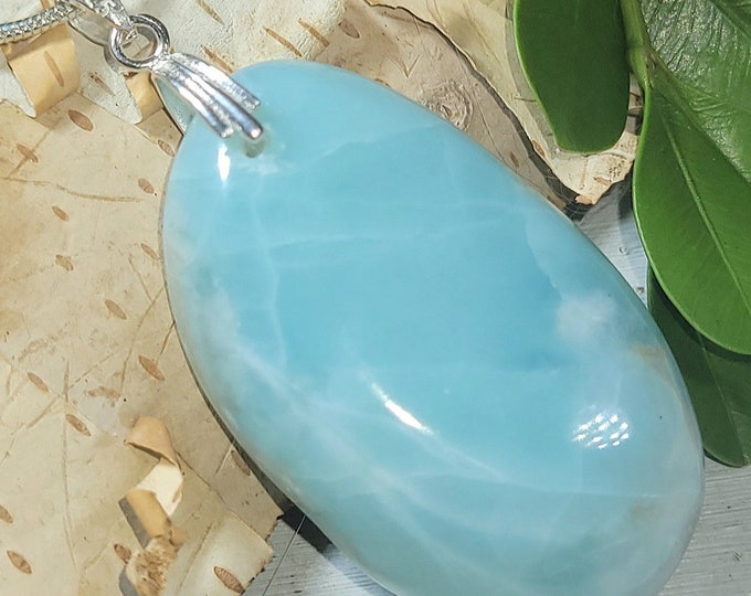 Natural Mid Grade Dominican Larimar Cabochon .925 Sterling Silver Pendant 2" x 7/8" 15 Grams EV10 Sterling Silver Bail