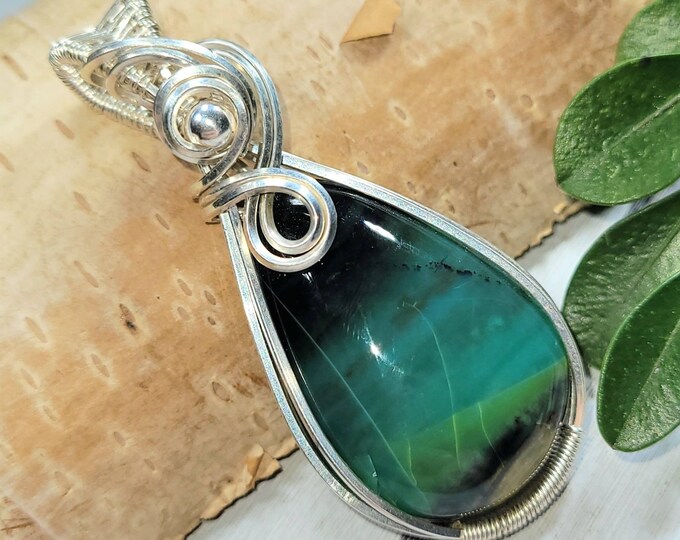 Natural Blue Opalized/Petrified Wood wire wrapped .925 Silver Pendant, Sterling Silver Wire Wrapped pendants, Handmade Stone Jewelry DT17