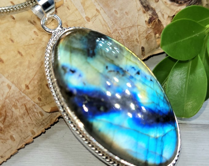 Natural High Grade Multi Flash Labradorite Handmade Oval .925 Sterling Silver Pendant 2 1/8" x 1" 14 Grams CT11 Gift for Her