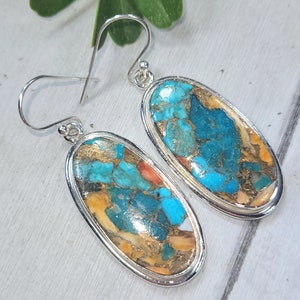 Natural Top Quality Color Spiny Oyster Turquoise Oval .925 Sterling Silver Earrings 14.4 Grams 2&quot; x 3/4&quot; FU29 Genuine Stones Gift for Her