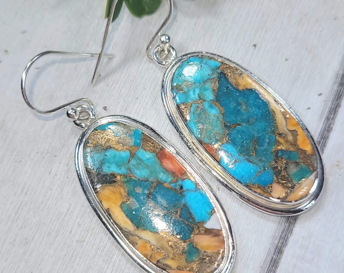 Natural Top Quality Color Spiny Oyster Turquoise Oval .925 Sterling Silver Earrings 14.4 Grams 2" x 3/4" FU29 Genuine Stones Gift for Her