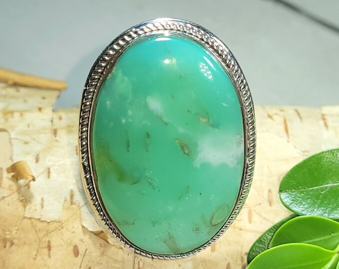 Natural Best Grade Large Green Chrysoprase Handmade Oval .925 Sterling Silver Ring Size 8 13 Grams 1 5/16" x 1" CE18