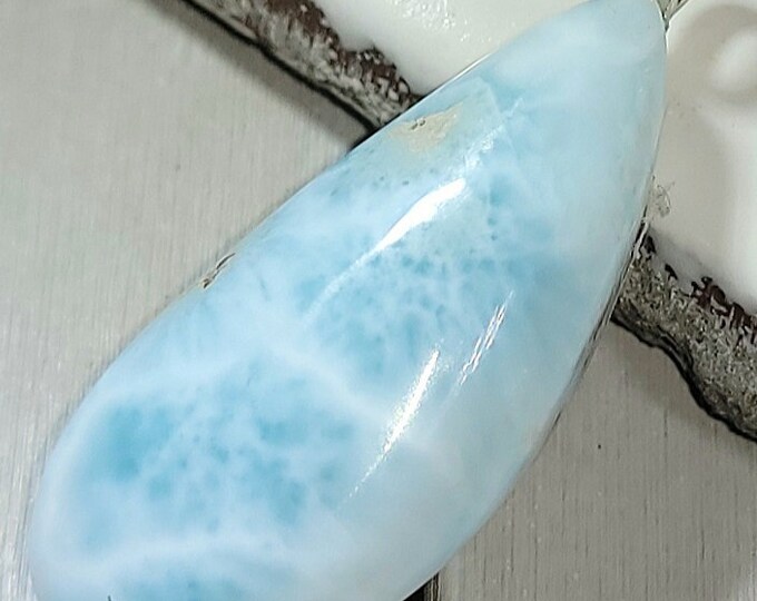 Natural High Grade Larimar Pear Cabochon .925 Sterling Silver Pendant 8 Grams 1 1/2" x 5/8" EE18 Sterling Silver Glue Dot Bail