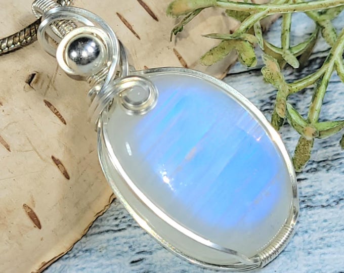 Handmade Rainbow Moonstone Pendant: Wire Wrapped Sterling Silver