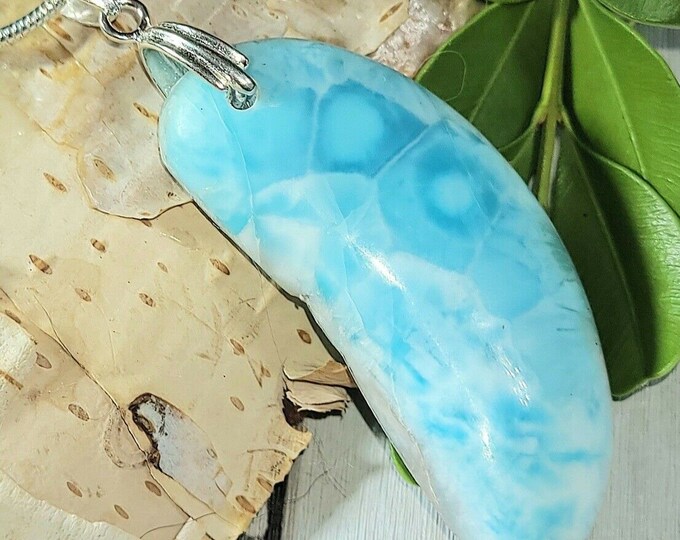 Natural High Quality Half Moon Larimar Cabochon .925 Sterling Silver Pendant 2 1/8" x 11/16" 11 Grams EP25 Sterling Silver Bail