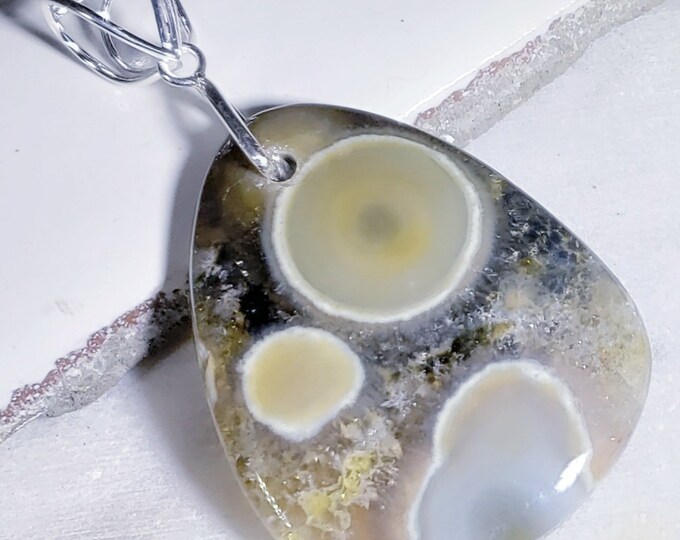 Natural AAA Ocean Jasper Pear Cabochon .925 Sterling Silver Pendant 2 1/2" x 1 3/8" EA09 Heavy Duty Designer Sterling Silver Bail
