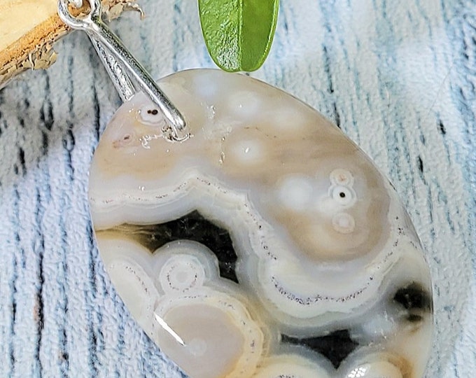 Natural AAA Ocean Jasper Oval Cabochon .925 Sterling Silver Pendant 2" x 1" EG01 Sterling Silver Heavy Duty Bail