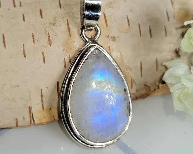 Natural Premium Grade Multi Flash Rainbow Moonstone Pear Handmade .925 Sterling Silver Pendant 1 5/8" x 3/4" 7 Grams CZ51