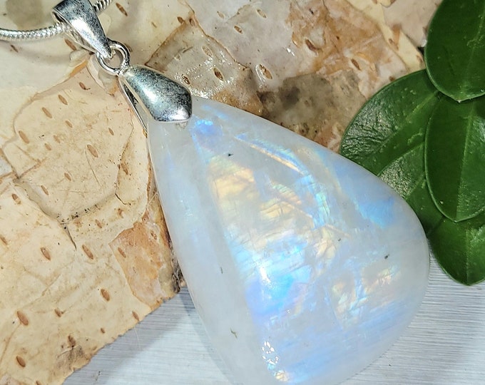Natural High Grade Rainbow Moonstone Pear Cabochon .925 Sterling Silver Pendant 2" x 1" AF13  Sterling Silver Bail
