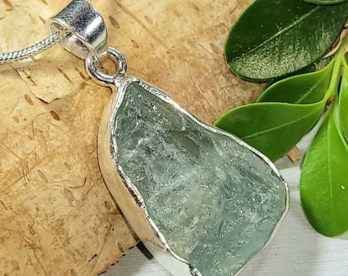 Natural Raw Aquamarine Rough Cut Handcrafted  .925 Sterling Silver Pendant 1 7/16" X 11/16" 5 Grams CE17
