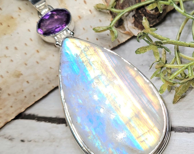 Moonstone Pendant, Amethyst Pendant, Rainbow Moonstone Sterling Silver Pendant, AAAA Moonstone Pendant,Gift for Her, Statement Pendant, GJ02