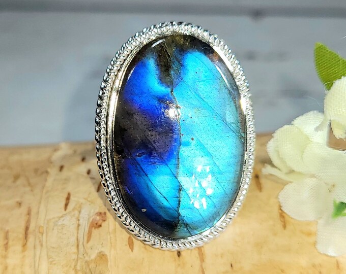 Labradorite Ring. Blue Labradorite Sterling Silver Ring Size 8 Handmade Ring, Statement Ring, Gift for Her DL