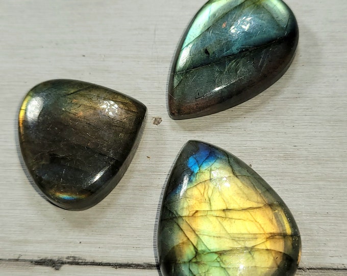 Natural Choice Grade Multi Flash Labradorite Pear Cabochons 110ct 3 Stone Lot Wire Wrapping, Weaving, Pendant or Ring AS26