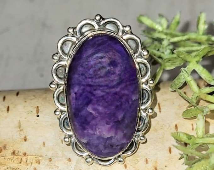 Charoite Ring, Sterling Silver Charoite Ring, Size 7.5 Charoite Ring, Statement Ring, Handmade Charoite Ring, Gift for Her, HJ