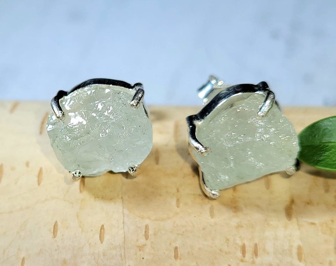 Natural Raw Rough Cut Aquamarine Handmade .925 Sterling Silver Stud Earrings 5 Grams, Friction Back, DR12