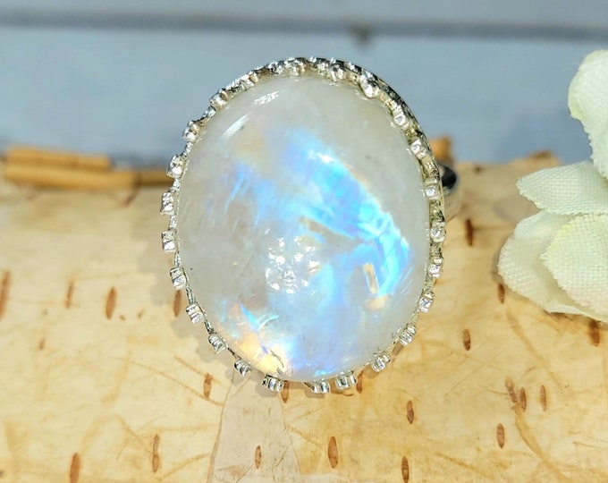 Moonstone Ring, Handmade Moonsone Sterling Silver Ring Size 7 Handmade Ring, Boho Ring, Statement Ring, Gift for Her DE