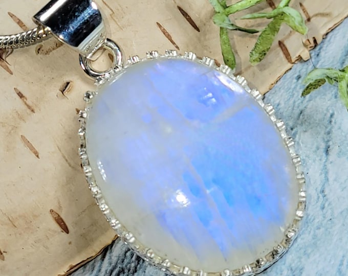 Moonstone Pendant, Rainbow Moonstone Oval Cabochon Sterling Silver Pendant, Blue Flash Moonstone, Gift for Her, Handmade Pendant, JD12