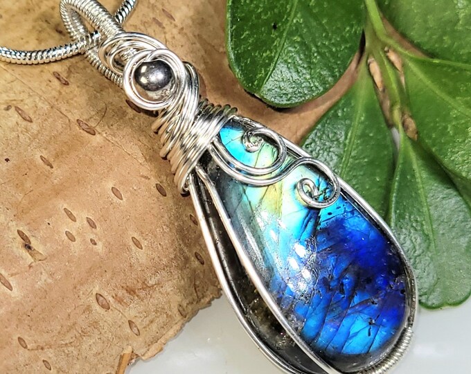 Natural High Grade Blue Labradorite Hand Wrapped .925 Sterling Silver Pendant, 1 7/8" x  3/4" GD39, Wire Wrapped Solid Sterling Silver