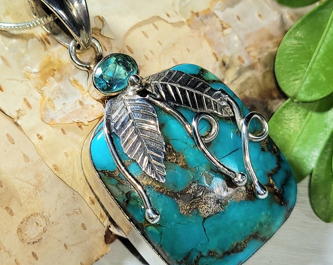 Natural Blue Copper Turquoise. Blue Topaz .925 Sterling Silver Pendant 15 Grams 2" x 1" U20 Gorgeous Designer Style