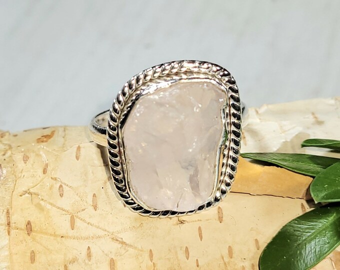 Natural High Quality Raw Rough Cut Rose Quartz Handmade .925 Sterling Silver Ring Size 9 6 Grams 7/8" x 11/16" CA16
