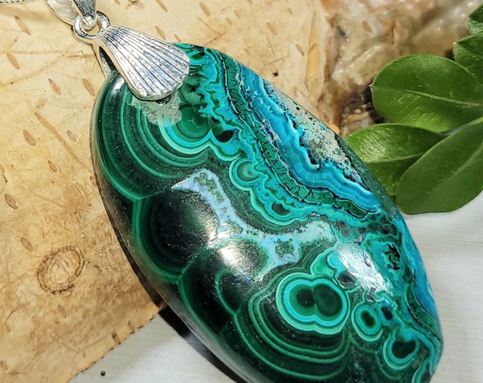 Natural High Grade Chrysocolla Malachite Cabochon Handmade .925 Sterling Silver Pendant 2 1/8" x 7/8" AT18 Sterling Silver Designer Bail