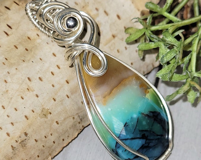 Blue Opal Pendant, Blue Opalized Wire wrapped pendant, Petrified wood opal pendant,Sterling Silver wire wrapped pendant,Petrified wood wire