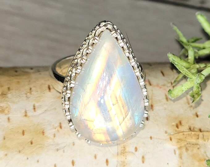 Moonstone Ring, Handmade Moonsone Sterling Silver Ring Size 7.25 Handmade Ring, Boho Ring, Statement Ring, Gift for Her GJ