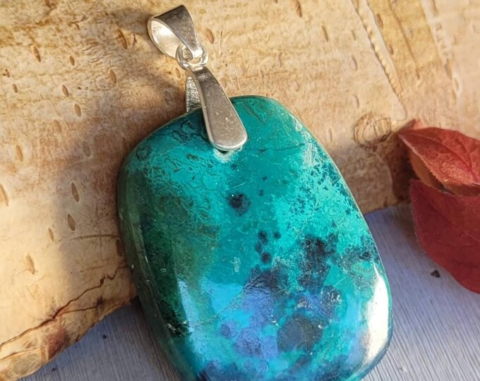 Natural AAA Shattuckite Cushion Cabochon .925 Sterling Silver Pendant 1 7/8" x 1" CW73 Sterling Silver Heavy Duty Bail