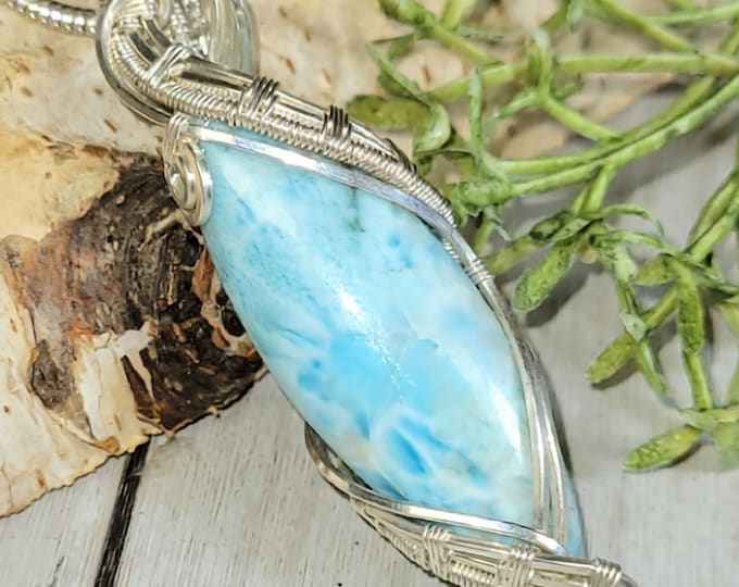 Larimar Pendant, Larimar Hand Wire Wrapped Sterling Silver Pendant, Larimar Sterling Silver Pendant, Statement Pendant,  Gift for Her, HG28