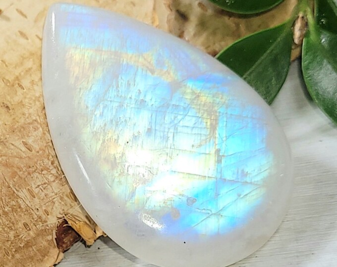 Natural AAAA Grade Rainbow Moonstone Pear 50Ct Cabochon Wire Wrapping, Weaving, or Pendant 36mm x 24mm CD39