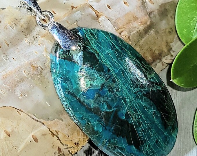 Natural Top Choice Chrysocolla Cabochon .925 Sterling Silver Pendant 1 5/8" x 3/4" ET01 Custom Sterling Silver Bail