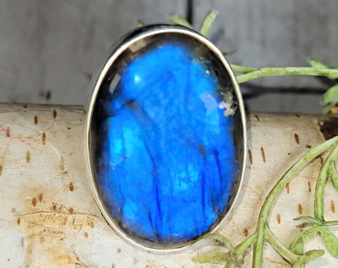 Blue Labradorite Sterling Silver Ring - Handmade Statement Ring, Size 6