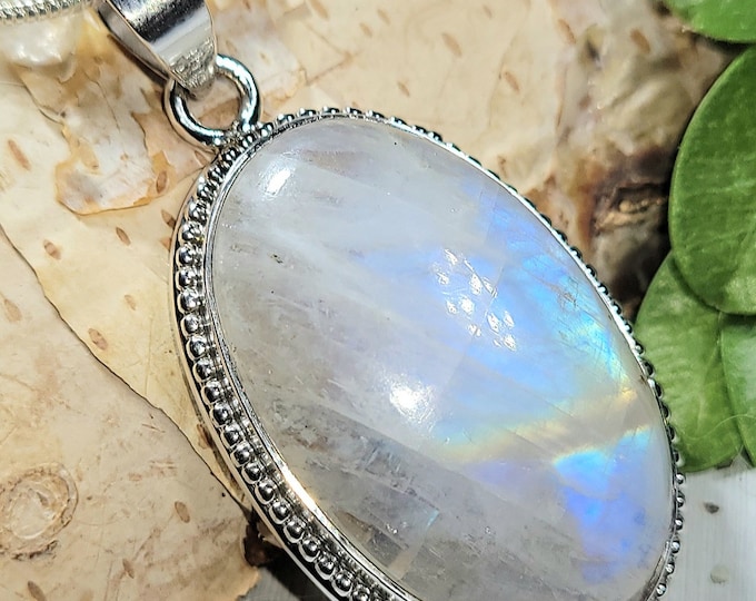Natural High Grade Multi Flash Rainbow Moonstone .925 Sterling Silver Pendant 1 3/4" x 7/8" 10 Grams EX18