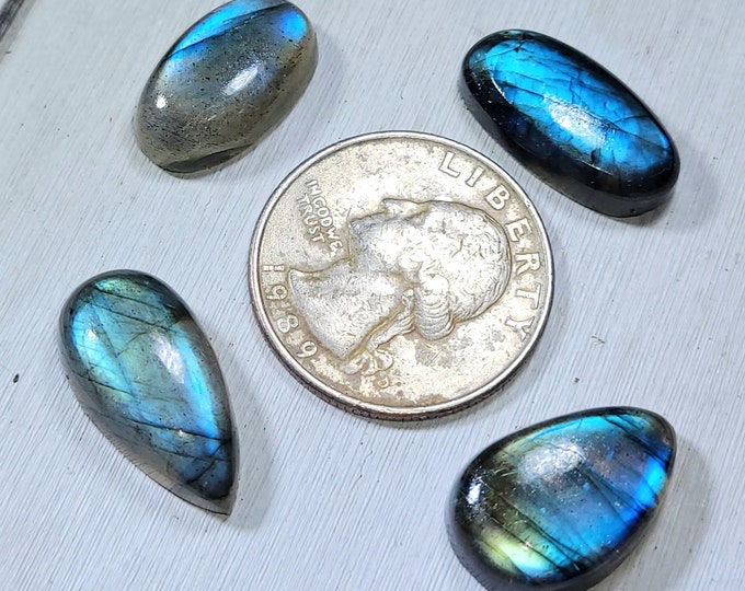 Natural Blue & Multi-Flash Labradorite Mixed Cabochons 45ct 4 Stone Lot Wire Wrapping, Weaving, Pendant or Ring CB25
