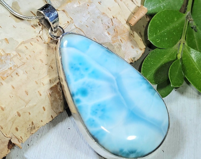 Natural AAA Grade Dominican Larimar Handmade .925 Sterling Silver Pendant 2 1/4" x 1 1/8" 20 grams AB33