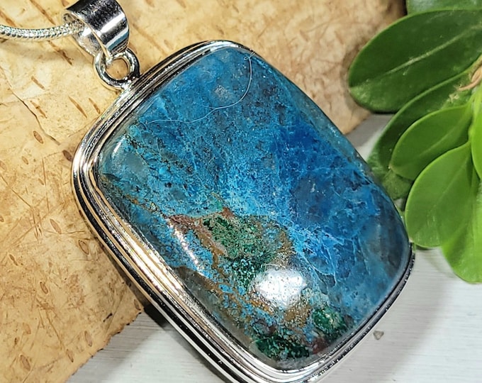 Natural Premium Quality Azurite Rectangle Handmade .925 Sterling Silver Pendant 1 3/4" x 1 1/8" 16 grams CE33