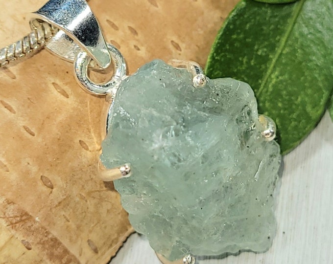 Natural Genuine Large Raw Aquamarine Rough Cut Handcrafted  .925 Sterling Silver Pendant 5/8" X 1/2" 5.4 Grams FW06