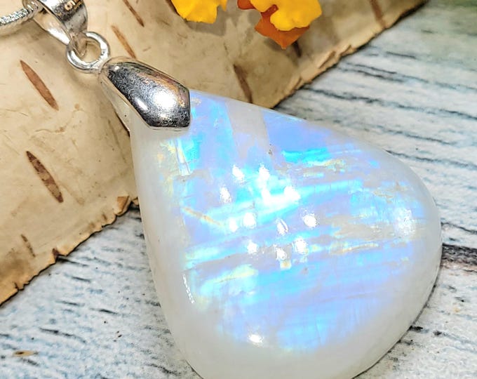 Moonstone Pendant, Rainbow Moonstone Pear Cabochon Sterling Silver Pendant, Blue Color Flash, Gift for Her, Handmade Pendant, JH26