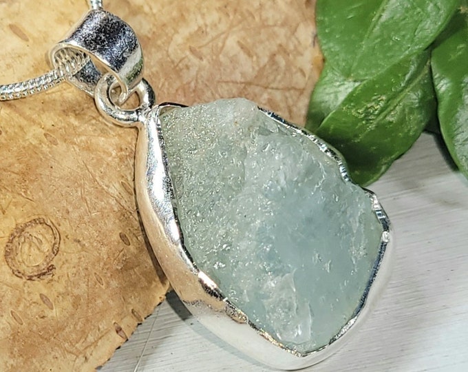 Natural Raw Aquamarine Rough Cut Handcrafted  .925 Sterling Silver Pendant 1 1/4" X 11/16" 5 Grams CF43