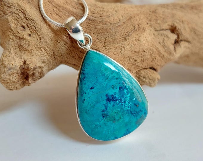 Handmade Chrysocolla Azurite Sterling Silver Statement Pendant 1 3/4 x 3/3, 12g, JV42