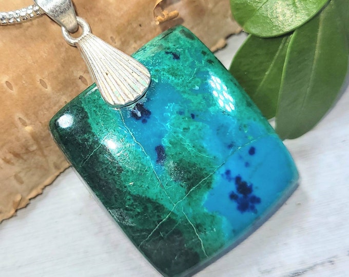 Shattuckite Rectangle Cabochon Pendant, Shattuckite Sterling Silver Pendant, Statement Shattuckite Pendant, Gift for Her, Premium Grade, DS
