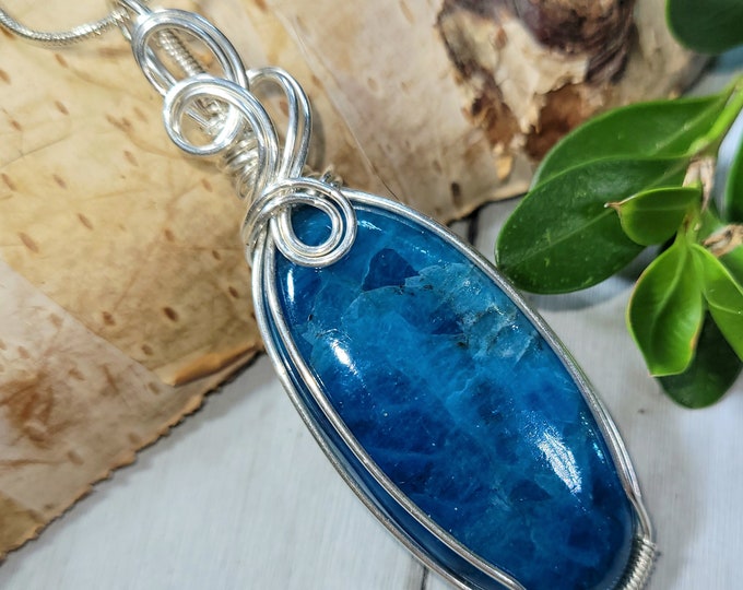 Natural High Quality Apatite Hand Wrapped .925 Sterling Silver Pendant 2 1/2" x 7/8" 14 Grams CR03 Handmade Wrapped Solid Sterling Silver