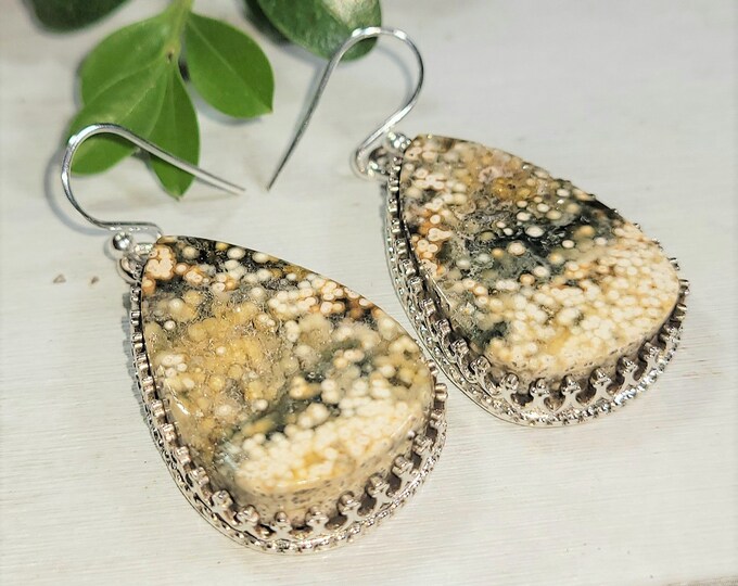 Natural Premium Grade Ocean Jasper Handmade .925 Sterling Silver Crown Setting Earrings 15 Grams 1 7/8" x 7/8" AQ45