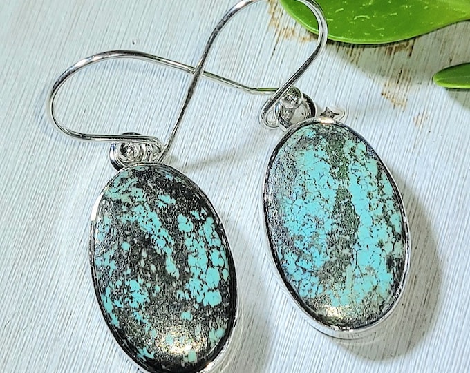 Natural Premium Grade Tibet Turquoise .925 Sterling Silver Earrings 5 Grams 1 7/16" x 1/2" ES20
