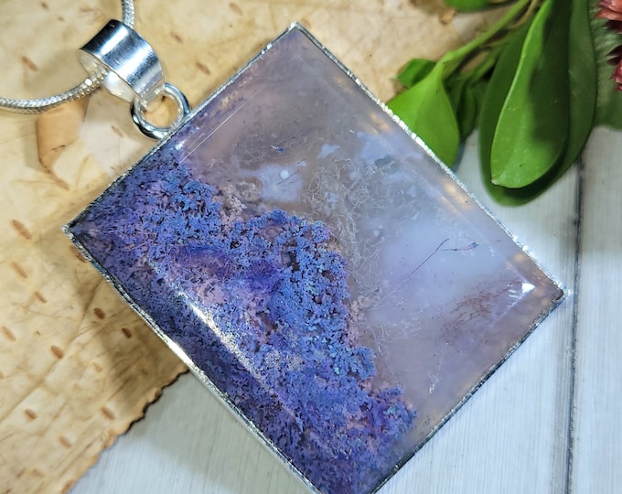 Natural High Grade Rare Purple Moss Agate Square Handmade .925 Sterling Silver Pendant 1 7/8" x 1 1/8" 15 Grams CS35 NO Enhancement