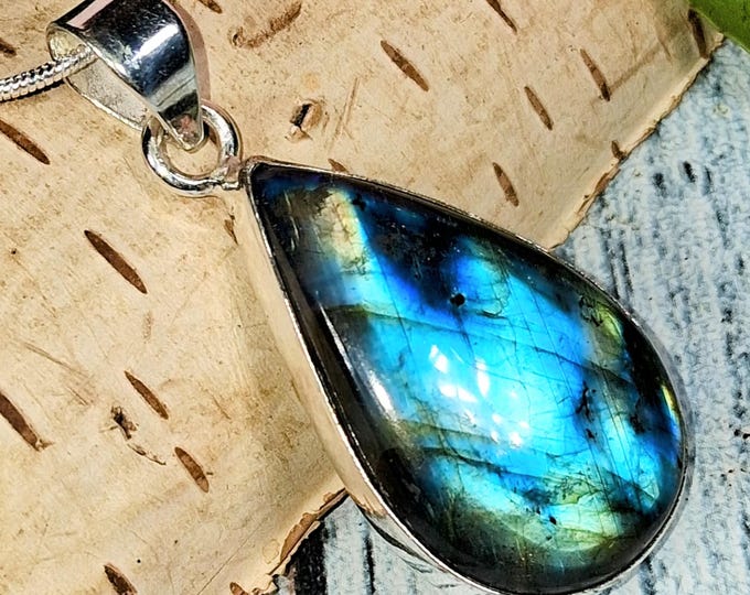 Multi Flash Labradorite Sterling Silver Pendant: Handmade Pear Labradorite Pendant; KB07