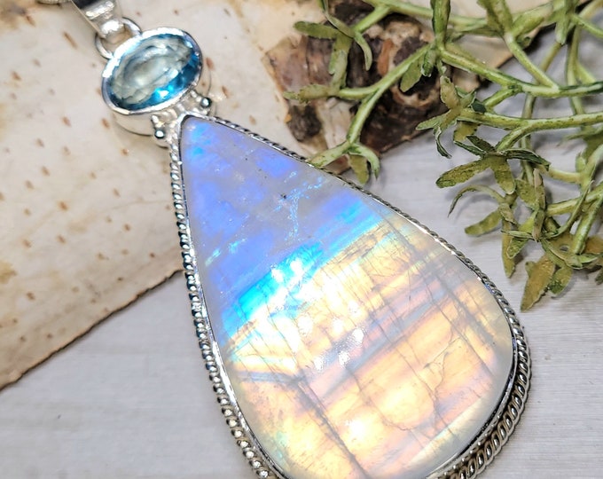 Moonstone Pendant, Topaz Pendant, Rainbow Moonstone Sterling Silver Pendant, AAAA Moonstone Pendant, Gift for Her, Statement Pendant, GJ04