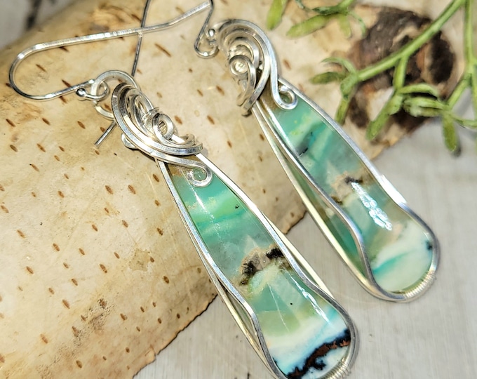 Blue Opalized Earrings, Opalized Wood Sterling Silver Wire Wrapped Earrings, Statement Earrings, Hand Wrapped Earrings, Gift for Her HH37