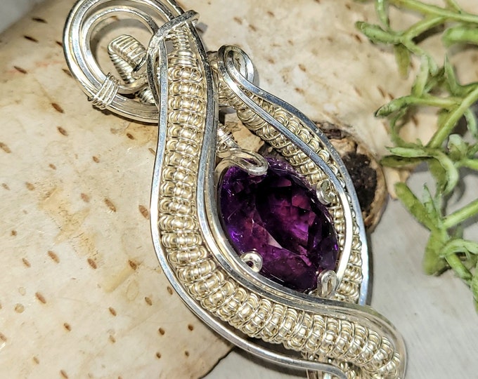 Amethyst Sterling Silver Wire Wrapped Pendant, Amethyst Hand Wire Wrapped Pendant, Statement Amethyst Pendant, Gift for Her, HH08