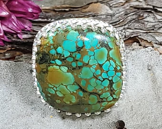 Tibetan Turquoise Sterling Silver Ring, Turquoise Boho Ring, Statement Ring; Handmade Ring, Premium Tibet Turquoise,Quality Ring Size 7.5